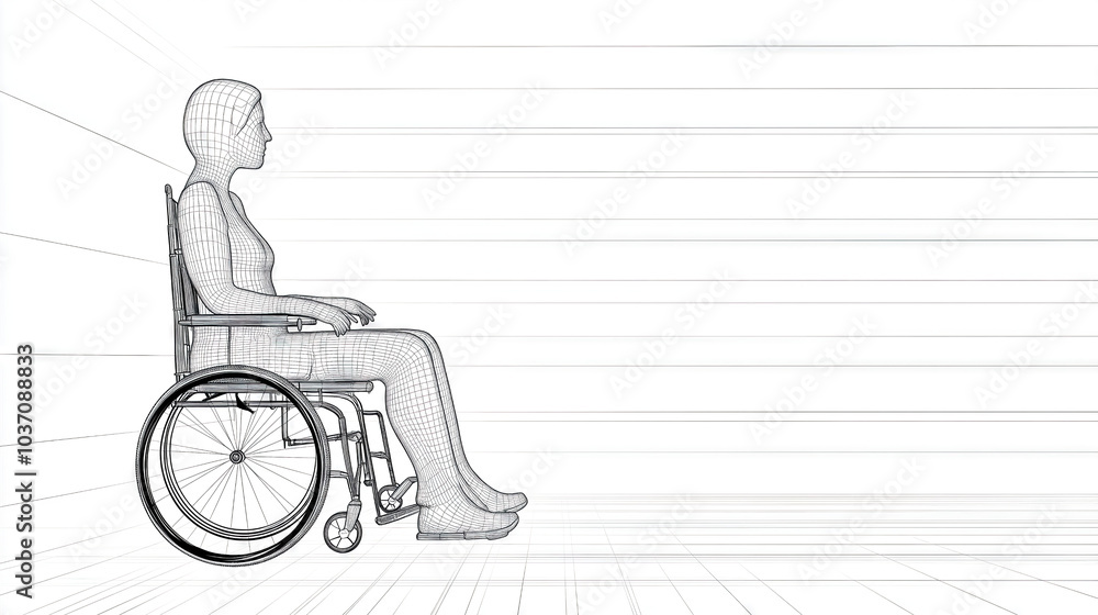 Wireframe woman sitting in wheelchair looking at empty space Wireframe woman sitting in wheelchair looking at empty space