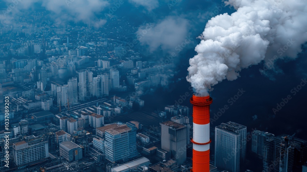 Aerial view of a tall smokestack emitting smoke over a dense urban landscape, highlighting industrial pollution. Aerial view of a tall smokestack emitting smoke over a dense urban landscape, highlighting industrial pollution.