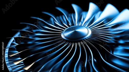 A close-up view of a blue turbine blade showcasing intricate design, highlighting engineering precision and aerodynamics against a dark background.