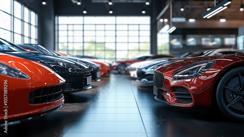 Modern car dealership interior with shiny vehicles on display sleek showroom design 3d illustration, Ai