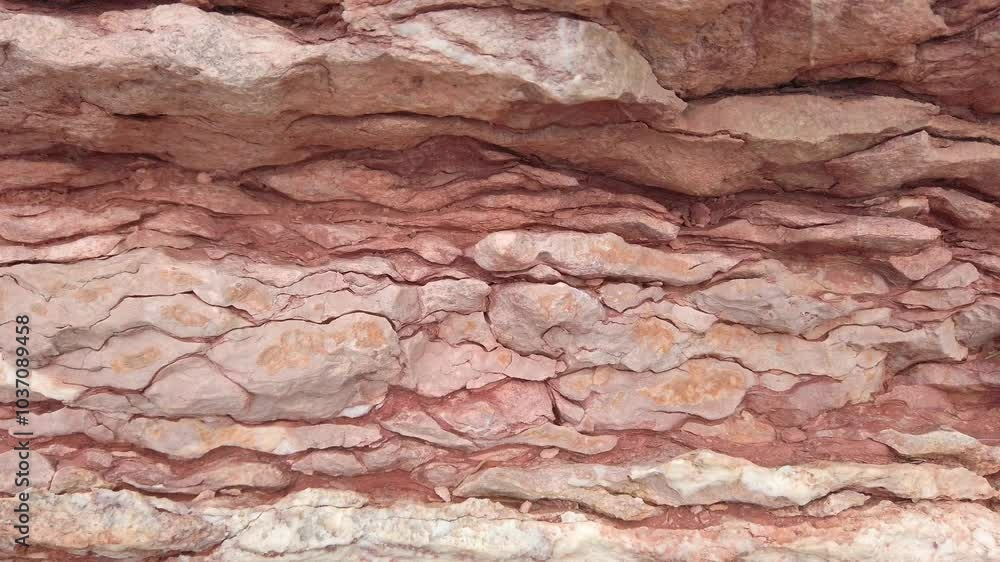 The camera moves smoothly along the wavy and textured pink rock formation, close-up The camera moves smoothly along the wavy and textured pink rock formation, close-up