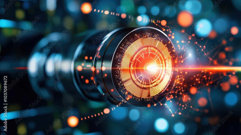 A futuristic lens emits colorful light, surrounded by abstract patterns, symbolizing advanced technology and digital innovation. A futuristic lens emits colorful light, surrounded by abstract patterns, symbolizing advanced technology and digital innovation.