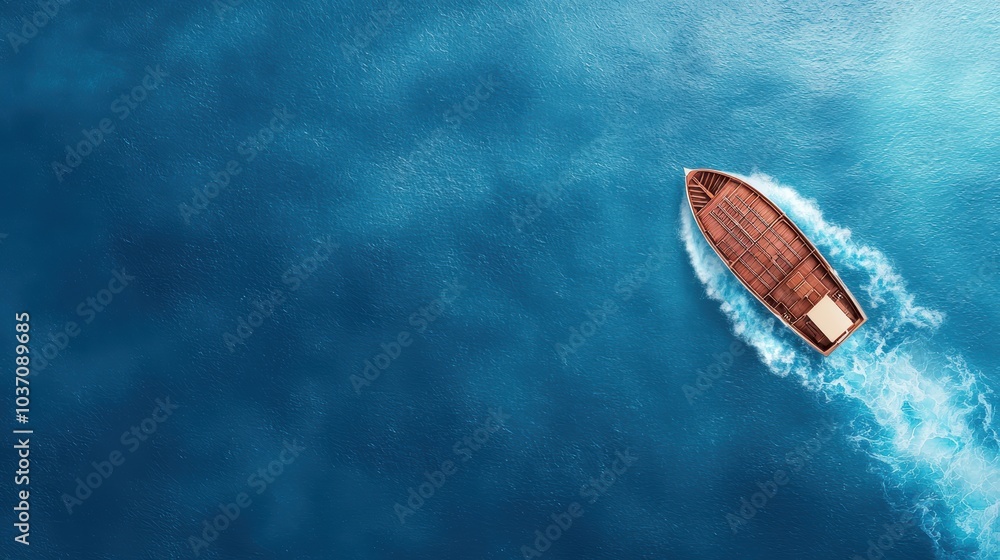 Obraz premium A solitary boat glides across vibrant blue waters, leaving ripples in its wake, showcasing the beauty of maritime tranquility.