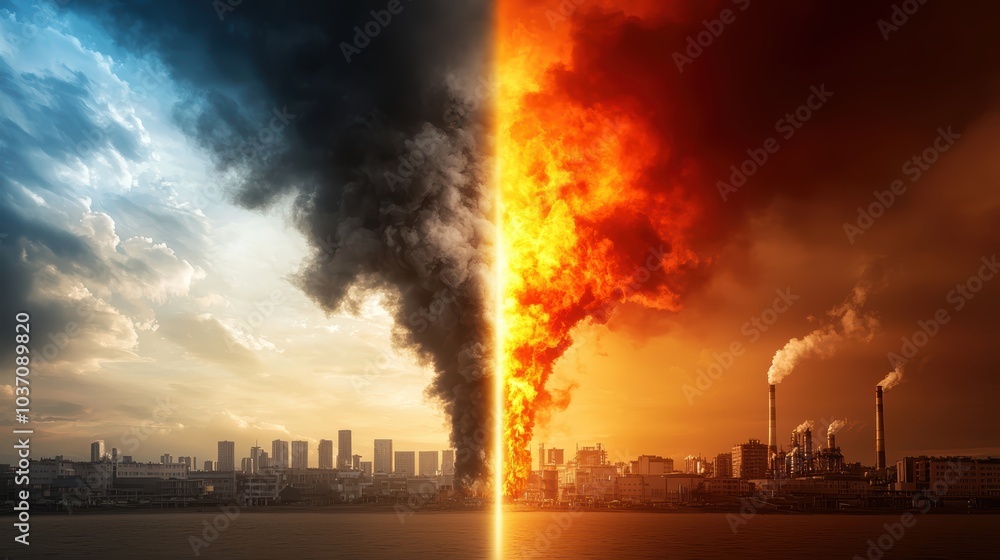 The image depicts a striking contrast between dark pollution and a fiery sky, symbolizing environmental degradation and climate change. The image depicts a striking contrast between dark pollution and a fiery sky, symbolizing environmental degradation and climate change.
