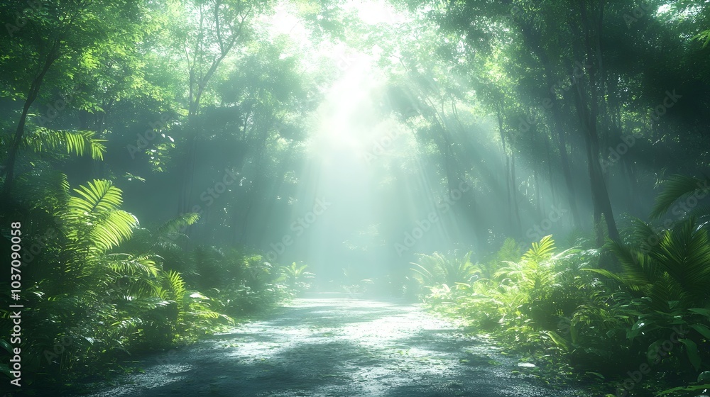 Obraz premium A serene pathway through a lush green forest, illuminated by soft rays of sunlight filtering through the trees, creating a tranquil and inviting atmosphere.