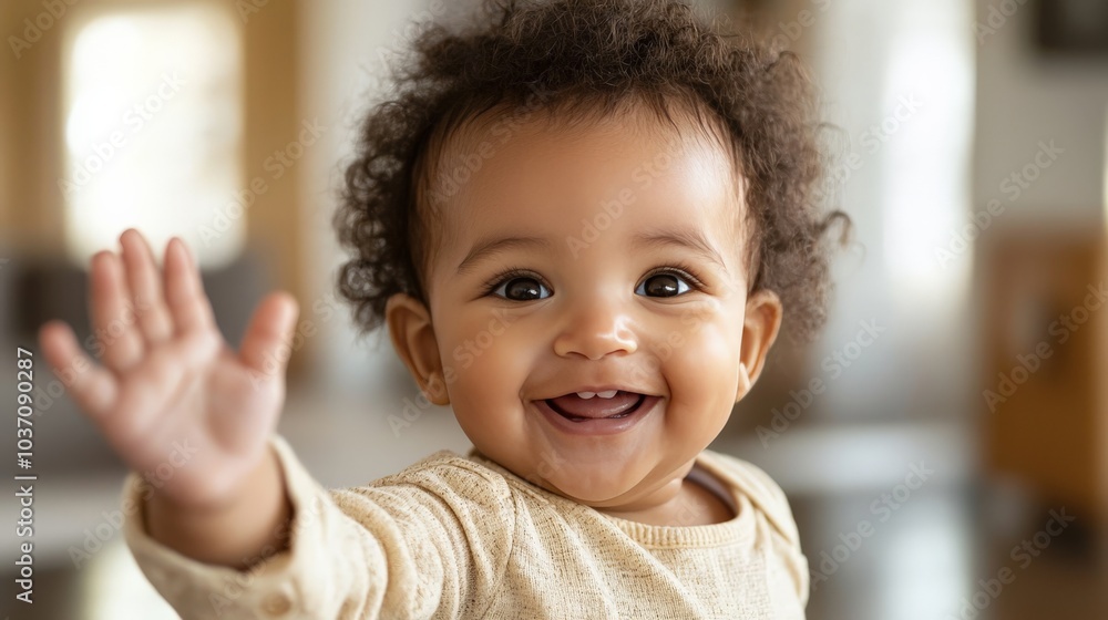 A baby reaching out with a smile, indicating early expressions of love and connection A baby reaching out with a smile, indicating early expressions of love and connection