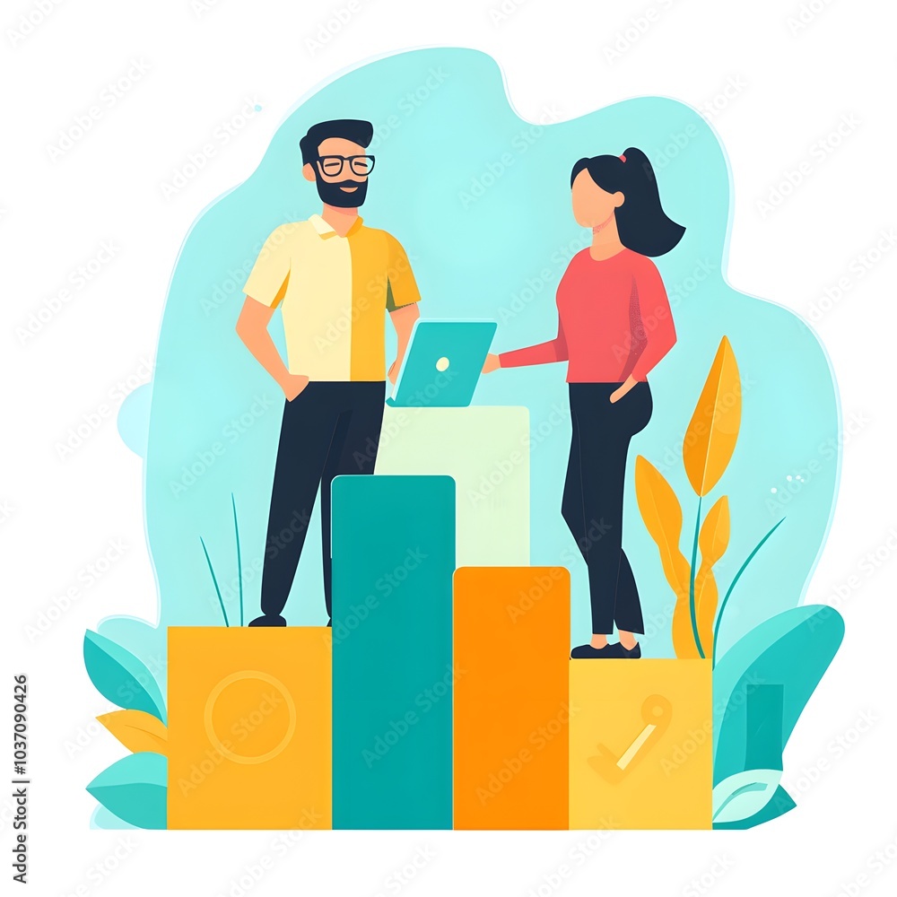 Businesspeople Standing on Colorful Bar Graph with Laptop Businesspeople Standing on Colorful Bar Graph with Laptop