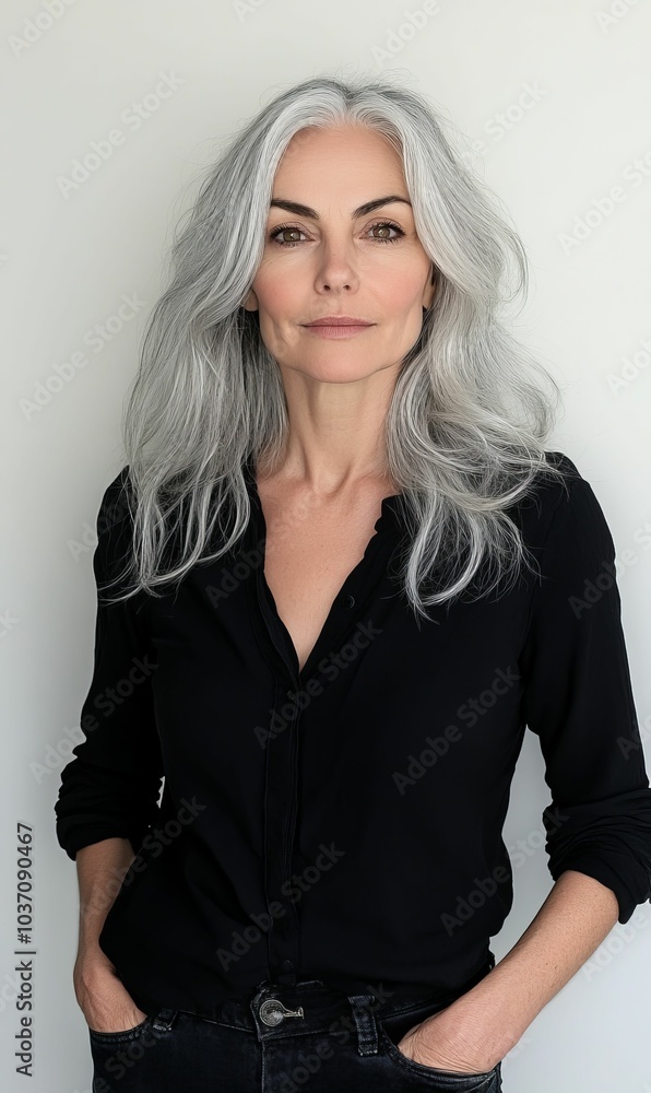 Woman with gray hair in a black shirt. Woman with gray hair in a black shirt.