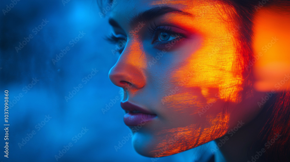 A woman's face is reflected in a window, with a blue background A woman's face is reflected in a window, with a blue background