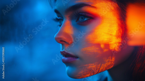 A woman's face is reflected in a window, with a blue background