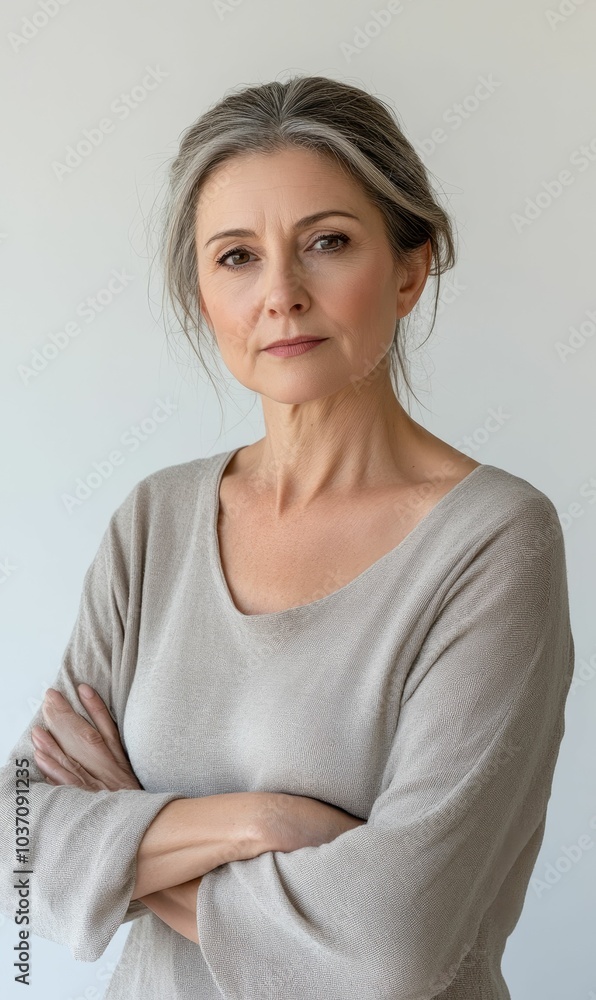 A woman with grey hair, wearing a grey sweater, stares A woman with grey hair, wearing a grey sweater, stares