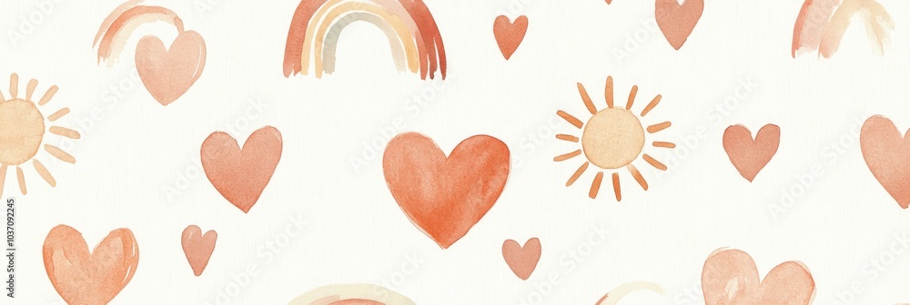 Hand-Drawn Watercolor Pastel Seamless Pattern with Hearts, Rainbows, and Suns, Ideal for Baby Nursery Decor, Soft and Dreamy Aesthetic Hand-Drawn Watercolor Pastel Seamless Pattern with Hearts, Rainbows, and Suns, Ideal for Baby Nursery Decor, Soft and Dreamy Aesthetic