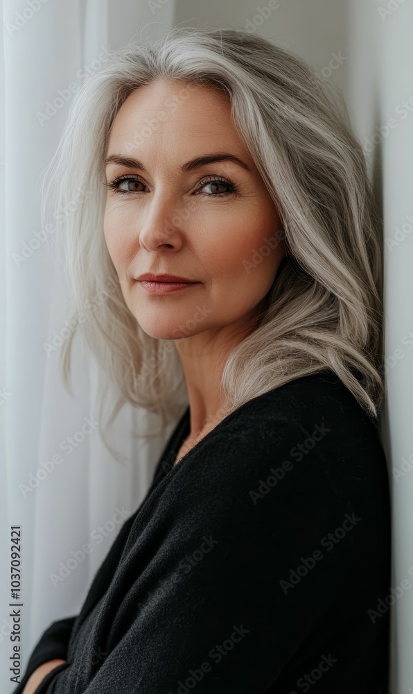 Woman with silver hair wearing black sweater. Woman with silver hair wearing black sweater.