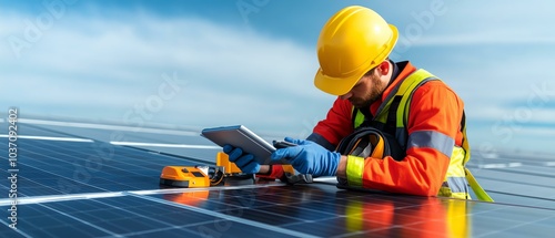 A solar technician inspecting solar panels with a tablet, showcasing renewable energy and modern technology in action.