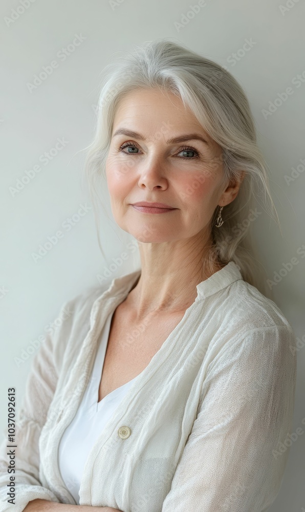 Fototapeta premium A mature woman with gray hair and a white shirt.