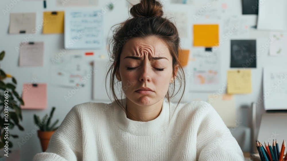 A stressed young woman sits at a desk, surrounded by colorful sticky notes, with a furrowed brow and closed eyes, expressing worry or concentration. A stressed young woman sits at a desk, surrounded by colorful sticky notes, with a furrowed brow and closed eyes, expressing worry or concentration.