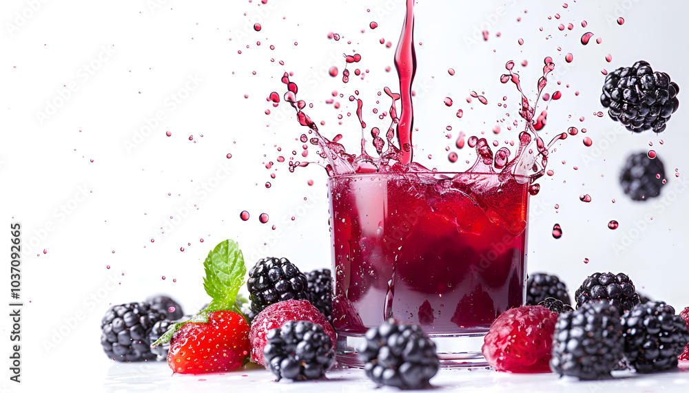 Fresh blackberries and juice in air on white background Fresh blackberries and juice in air on white background