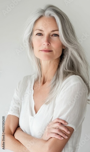 Woman with gray hair and white shirt.