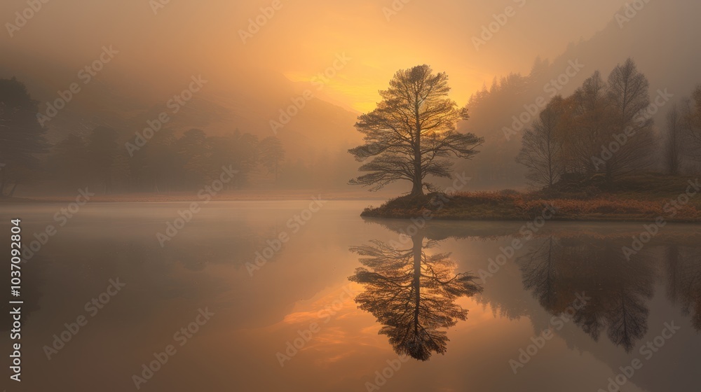 Fototapeta premium Reflected Tree in Misty Lake at Sunset