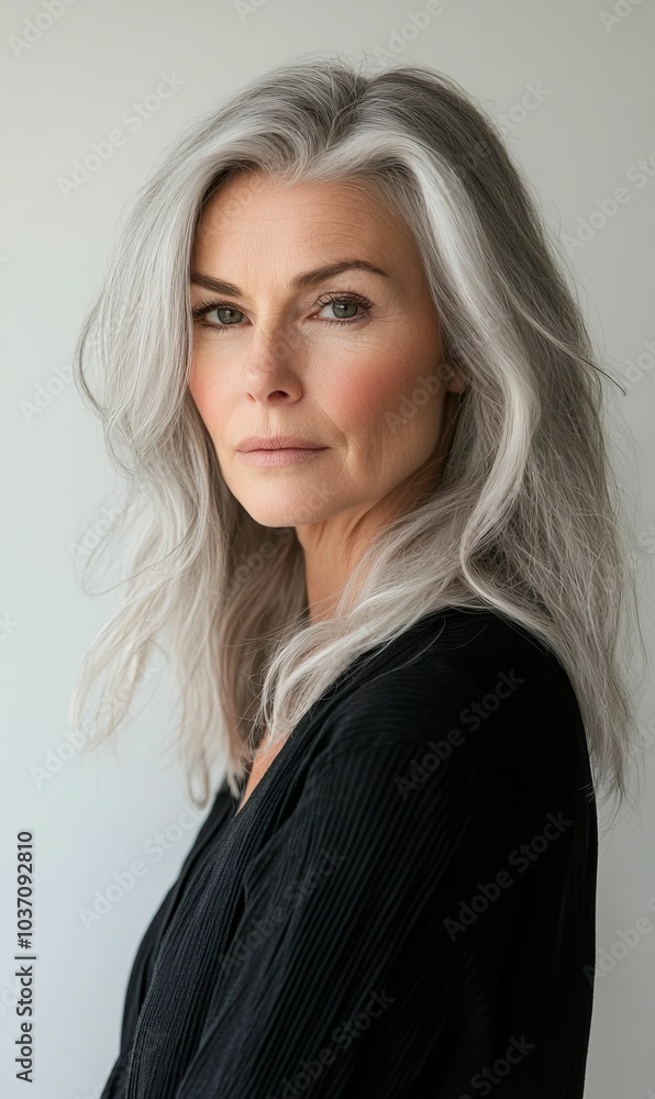 Woman with silver hair in black top looking at camera. Woman with silver hair in black top looking at camera.