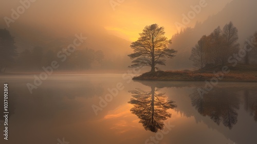 Reflected Tree in Misty Lake at Sunset