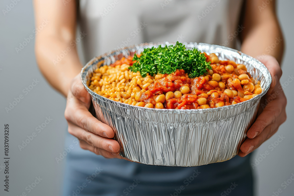 A person holds a bowl filled with colorful chickpeas and spices, garnished with fresh parsley, showcasing a vibrant dish. A person holds a bowl filled with colorful chickpeas and spices, garnished with fresh parsley, showcasing a vibrant dish.