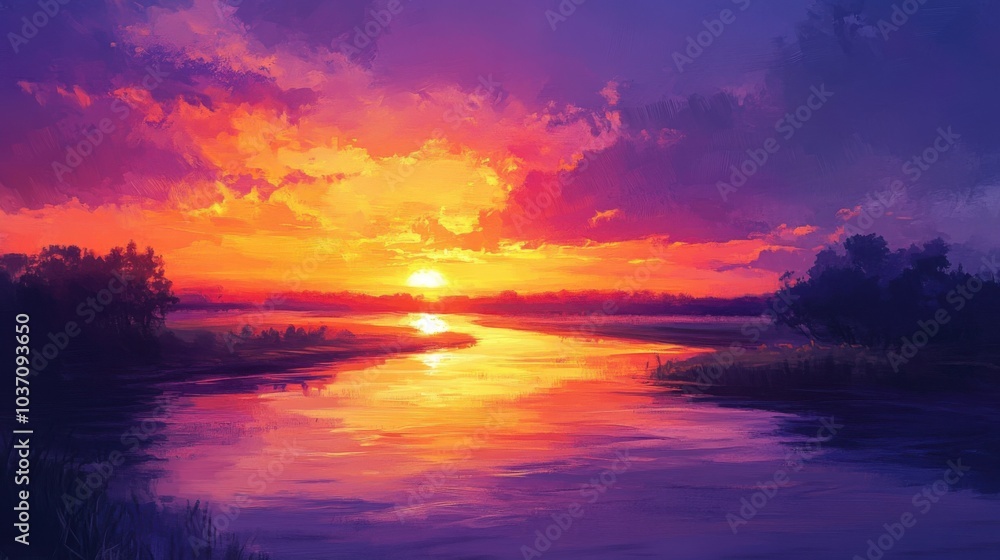 Sunset river hues shadows. Generative AI Sunset river hues shadows. Generative AI