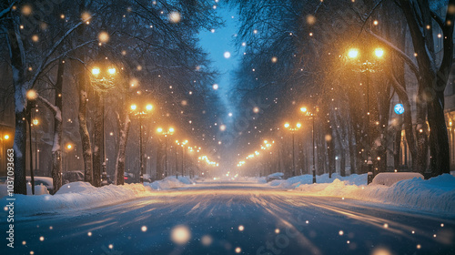 A snowy street with a few trees and street lights