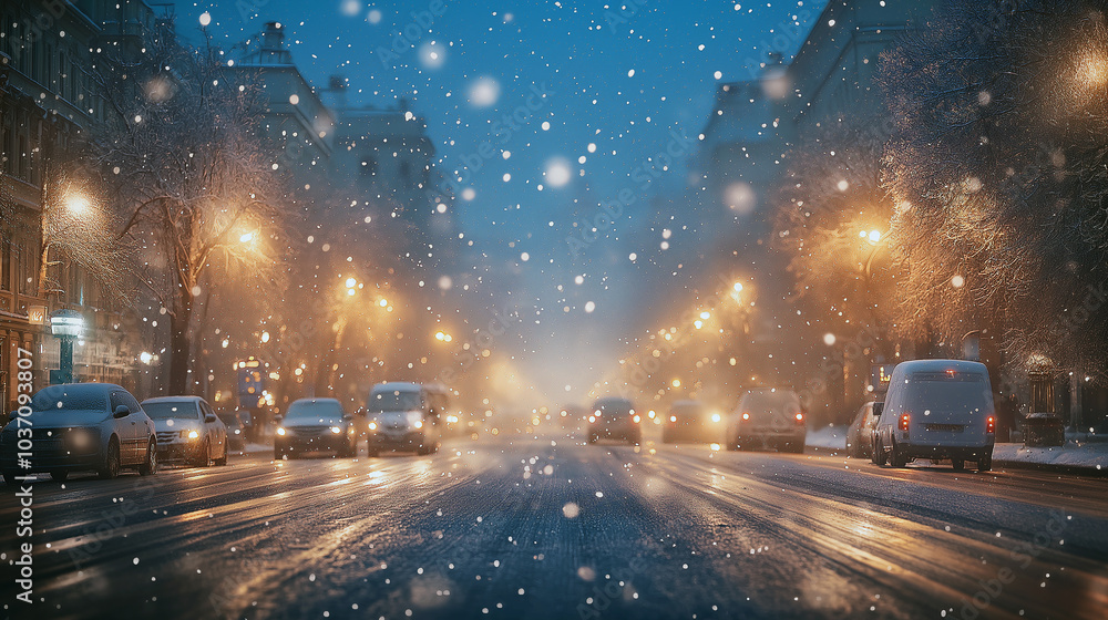 A snowy street with cars and a few people walking A snowy street with cars and a few people walking