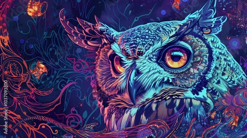 colorfully art design of owl with fully ornamen detailed for tshirt design photo