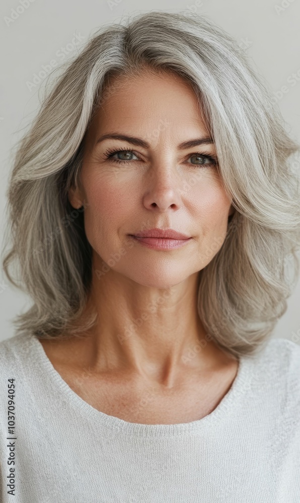 Woman with grey hair and a white sweater. Woman with grey hair and a white sweater.