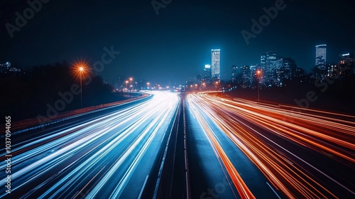 Long exposure shot of a highway with city lights in the background.