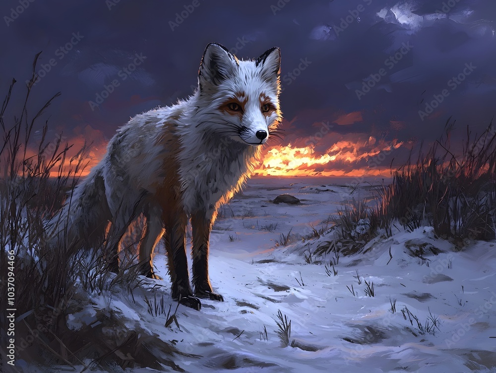 Obraz premium A majestic red fox stands in a snowy landscape under a dramatic sunset, showcasing its vibrant fur against the twilight sky.