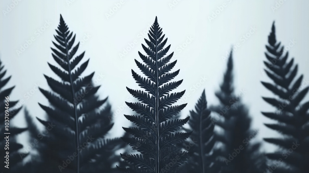 A close-up of fern fronds in a forest, with a soft, blurred background. The fronds are dark green and appear almost black against the white background. The image has a minimalist and modern aesthetic. A close-up of fern fronds in a forest, with a soft, blurred background. The fronds are dark green and appear almost black against the white background. The image has a minimalist and modern aesthetic.