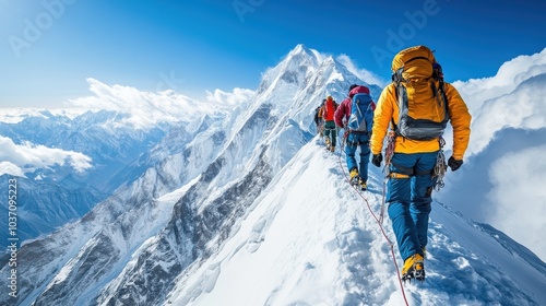 Adventure tourists climbing a rugged mountain in the Himalayas, surrounded by snow-capped peaks and breathtaking panoramic views.