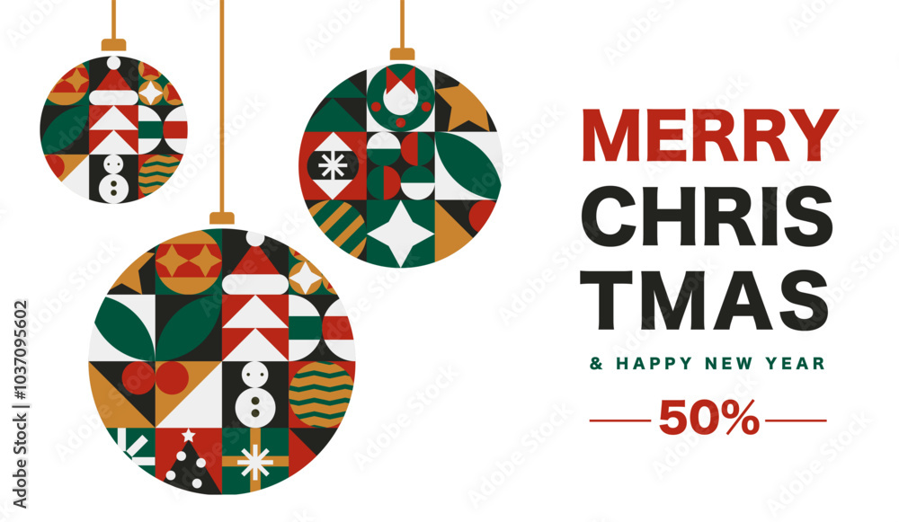 Creative Bauhaus Christmas Banner with balls, Geometric Patterns for Festive Decor Creative Bauhaus Christmas Banner with balls, Geometric Patterns for Festive Decor