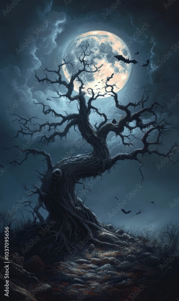 A gnarled tree stands beneath a full moon. A gnarled tree stands beneath a full moon.