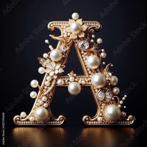 A. The letter of the Latin alphabet in the form of a luxurious openwork jewelry made of gold, decorated with precious stones, diamonds and pearls. On a black background.