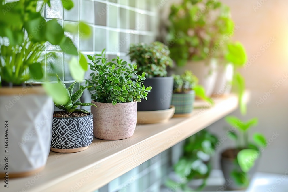 A chic bathroom adorned with small houseplants in modern pots on a stylish shelf. The greenery brings life to the space, contrasting beautifully with sleek tiles.