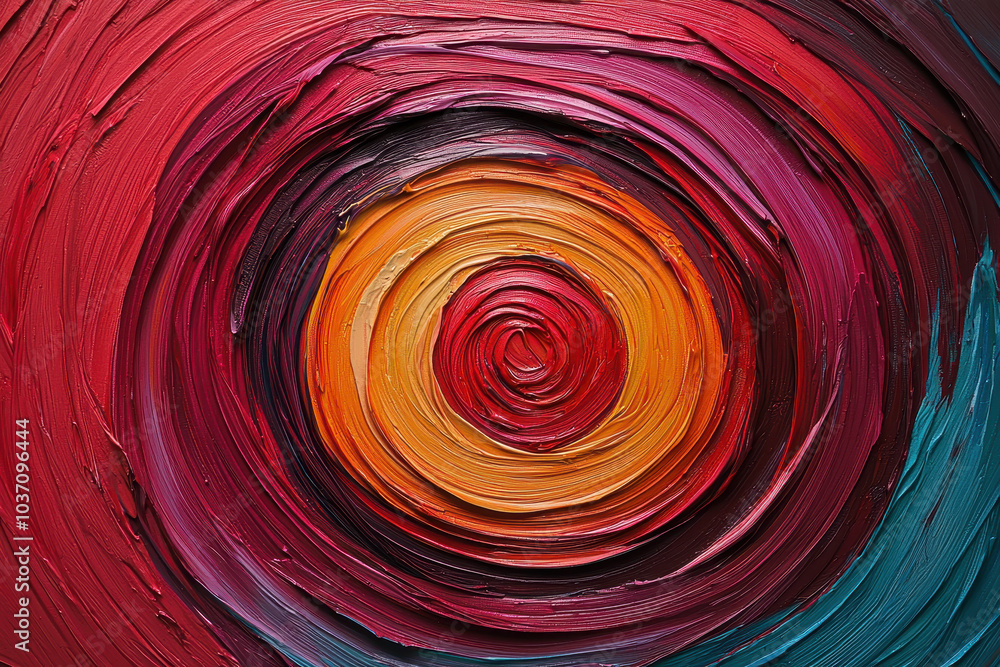 This artwork features concentric circles in vibrant hues, blending reds, oranges, and blues, creating a dynamic and visually engaging texture. This artwork features concentric circles in vibrant hues, blending reds, oranges, and blues, creating a dynamic and visually engaging texture.
