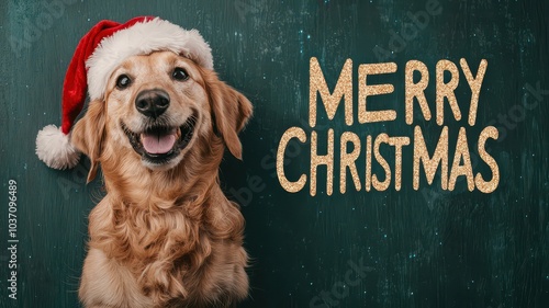 A festive dog wearing a Santa hat smiles beside the words 