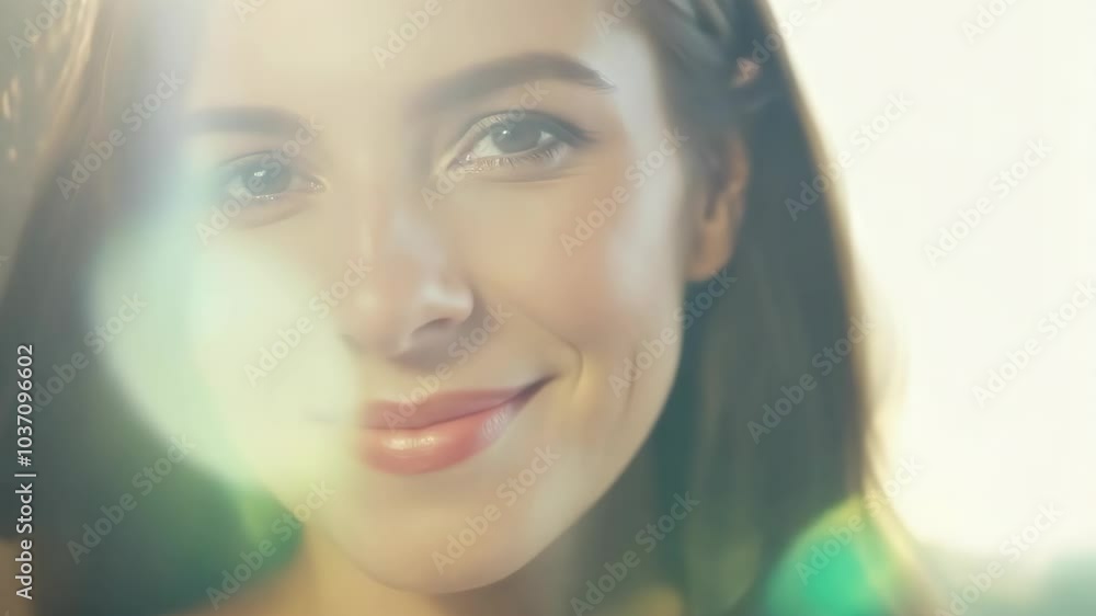 Radiant woman’s smile with dreamy light flare and soft focus Radiant woman’s smile with dreamy light flare and soft focus