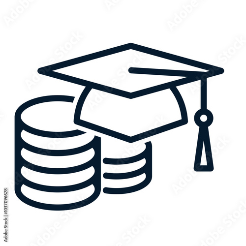 Coins, graduation cap. Concept of tuition fees. Vector linear icon isolated on white background.