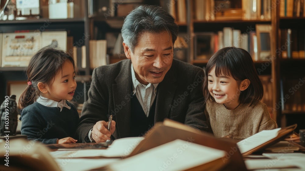 An Asian family business owner discussing future plans with children, surrounded by old and new business records in a warm, heritage-filled office. An Asian family business owner discussing future plans with children, surrounded by old and new business records in a warm, heritage-filled office.