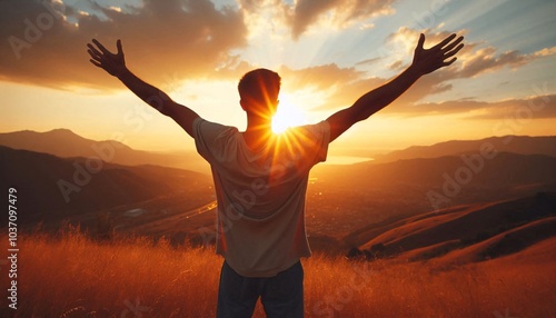 Happy man thinking felling ambitious empowerment energy vision on moutain background. Christian prayer love freedom worship praise God. Strength courage self confidence good for yourself concept
