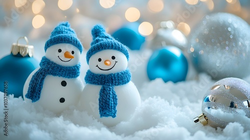 Greeting horizontal card, banner, or poster for Christmas and New Year featuring cute snowmen and Christmas tree toys in blue tones, perfect for a festive and cool design.