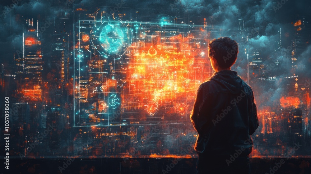 A boy gazes at a futuristic digital interface filled with glowing data and graphics. A boy gazes at a futuristic digital interface filled with glowing data and graphics.