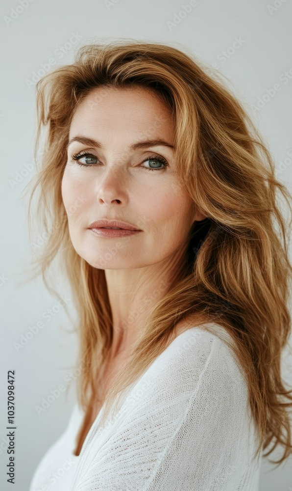 Fototapeta premium A woman with long blonde hair and a white sweater.