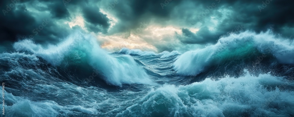 Dramatic Stormy Sea with Massive Waves Crashing Under a Dark Sky, A Captivating View of Nature's Power Dramatic Stormy Sea with Massive Waves Crashing Under a Dark Sky, A Captivating View of Nature's Power