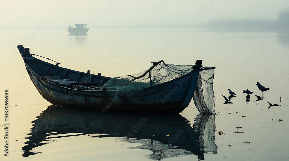A small fishing boat casting nets early in the morning. A small fishing boat casting nets early in the morning.